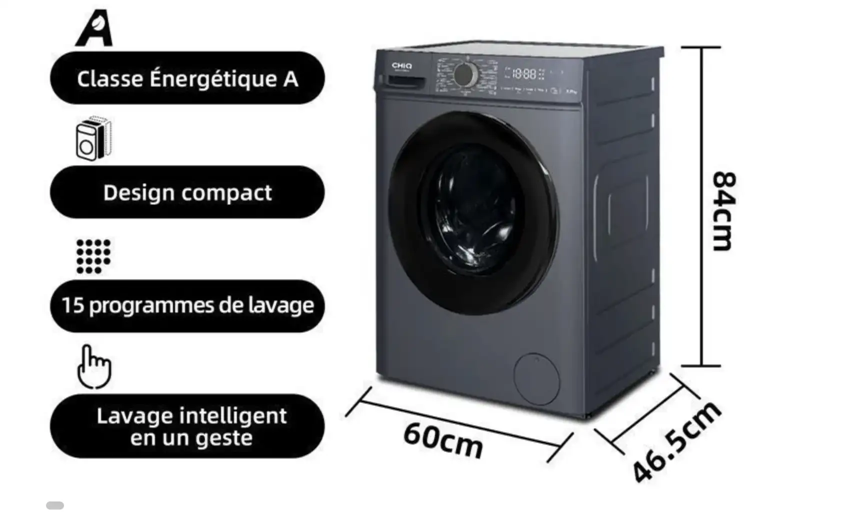 Lave-linge hublot - CHiQ - CW07123863AX - 7kg - Classe A - 1200 RPM - Lavage vapeur