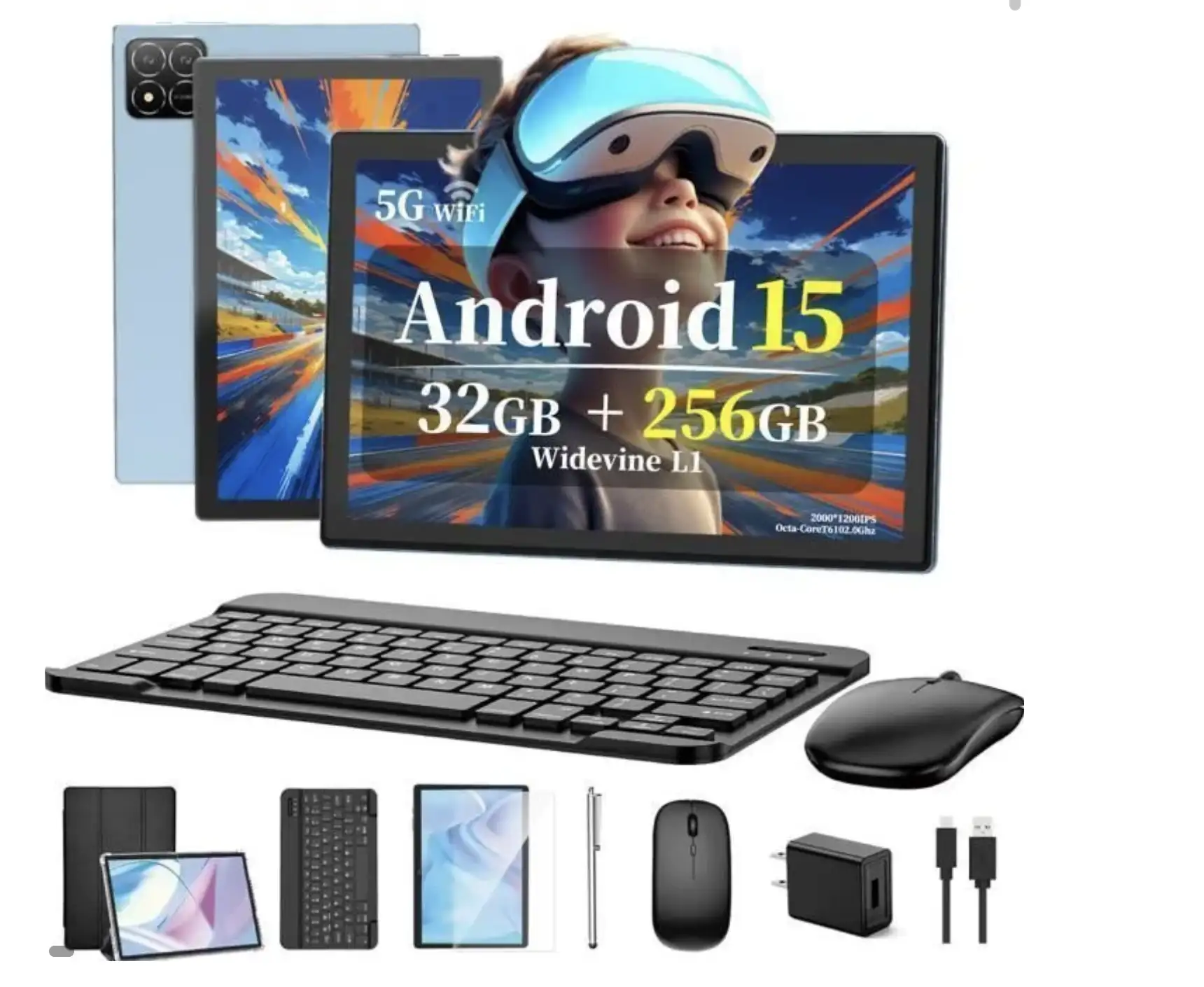 Tablette tactile 10,1 pouces, Android 15, 32 Go + 256 Go, Octa-Core, Wi-Fi 5G, Port Type-C, Bleu Tablette Tactile avec Clavier, Souris Stylet inclus