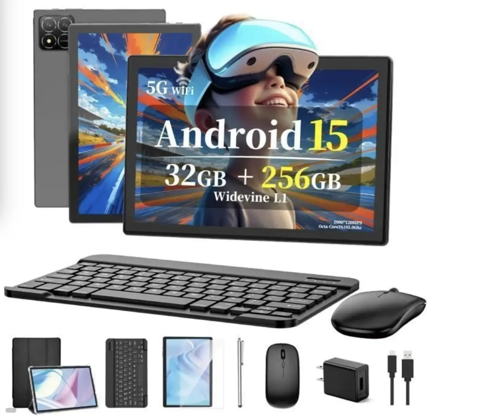 Tablette tactile 10,1 pouces, Android 15, 32 Go + 256 Go, Octa-Core, Wi-Fi 5G, Port Type-C, Gris Tablette Tactile avec Clavier, Souris Stylet inclus