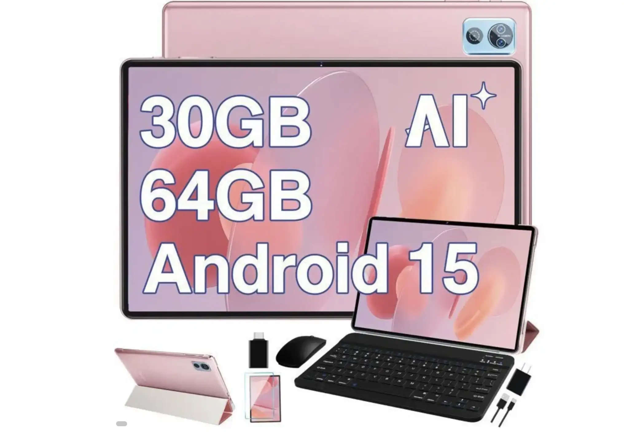 Tablette Tactile 10.1” - Android 15 - 30GO RAM +64GO ROM vec clavier Rose