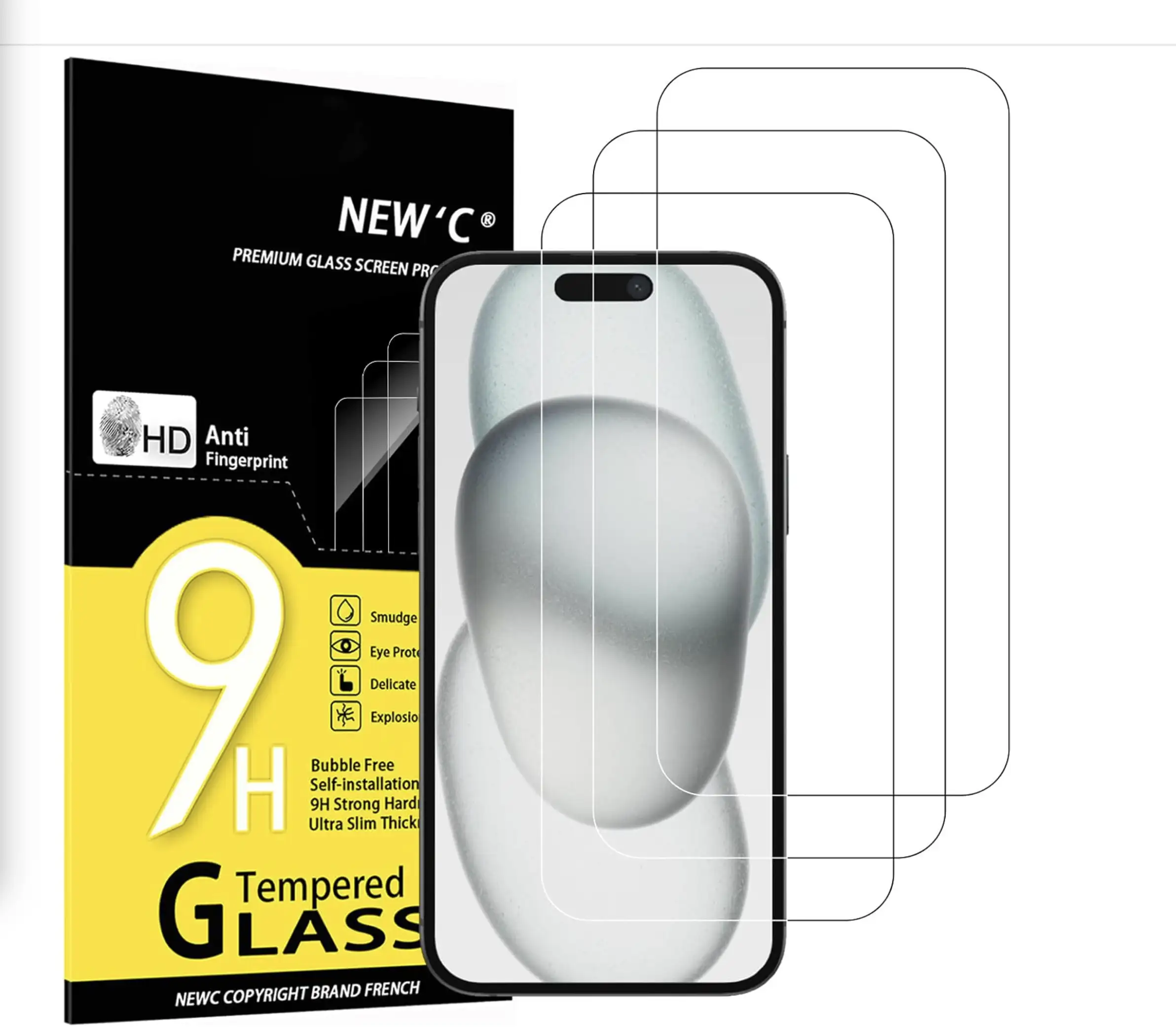 Kit de 3, Verre Trempé pour iPhone 15 Pro (6,1 Pouces) Film en Protection écran efficace contre les Rayures - Ultra Résistant - HD Transparent - Outil d'installation facile inclus