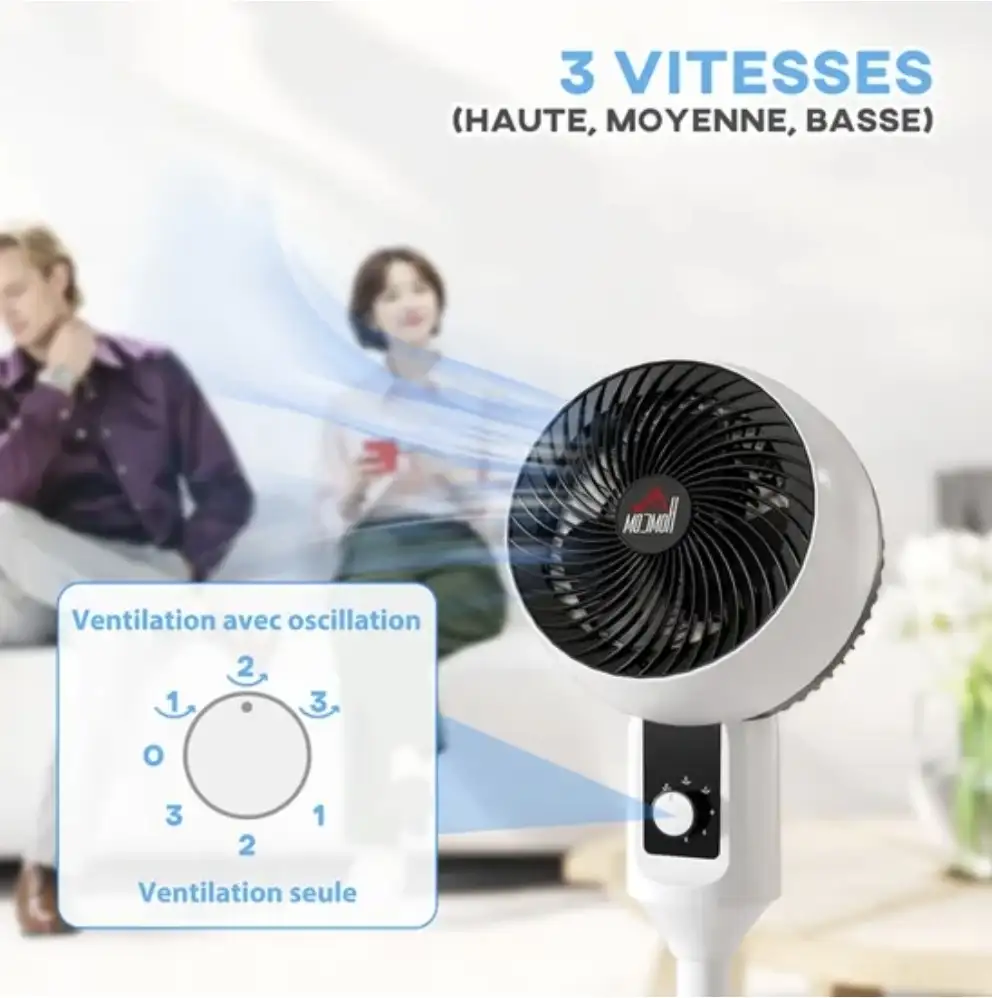 Ventilateur sur pied - 45 W - circulateur d'air - 3 niveaux - oscillation réglable à 70° - noir