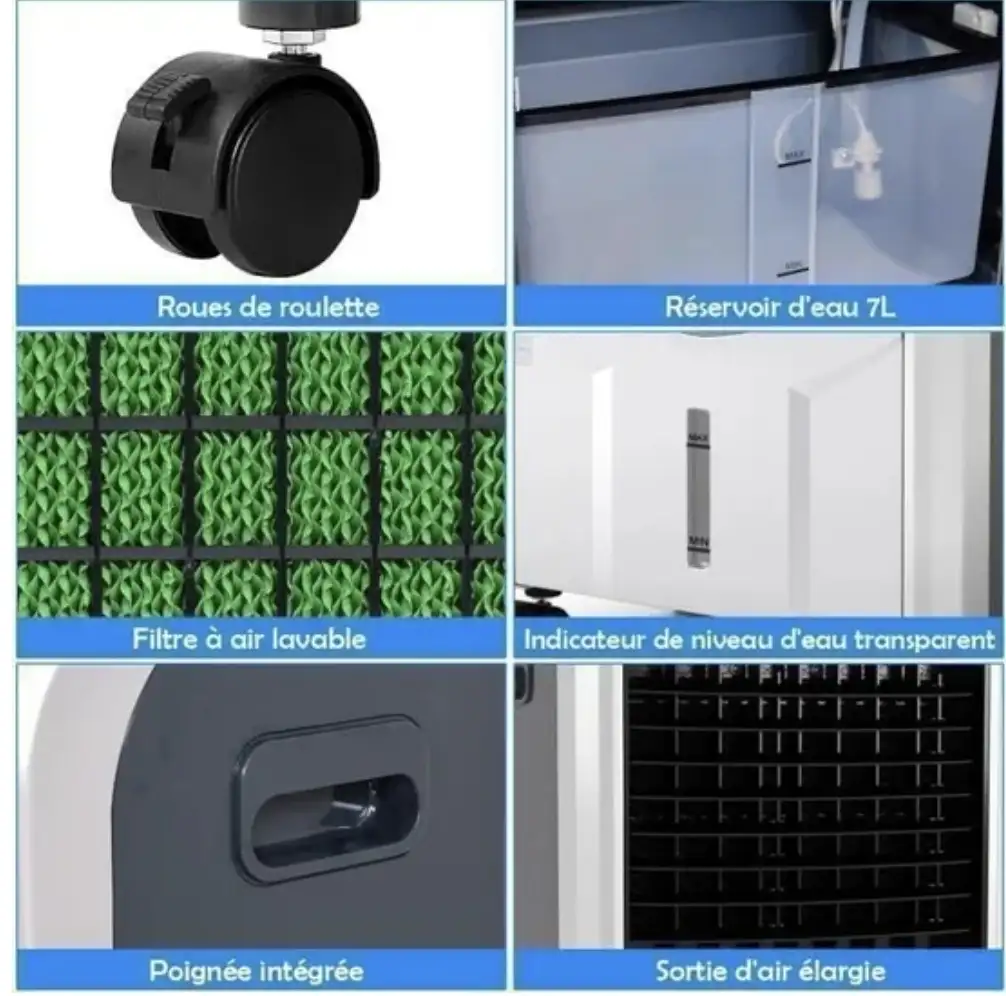 Climatiseur Mobile Chauffage et Froid avec 3 Modes de Vitesses,Ventilateur Télécommandé + Réservoir d'Eau 7L,pour Eté/Hiver