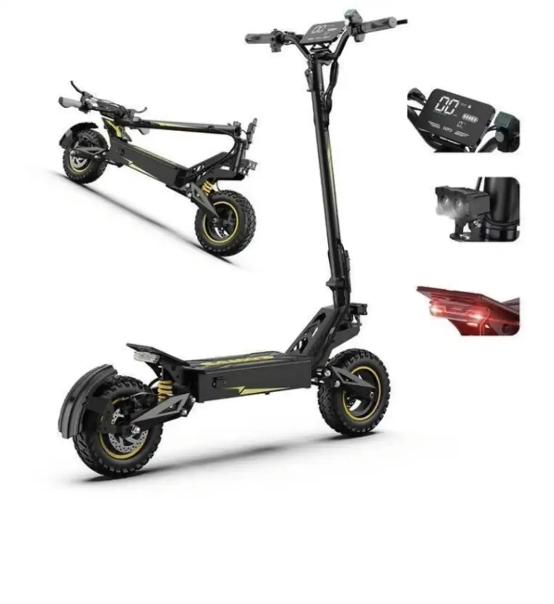 Trottinette électrique Pliable - Moteur 900 W - Batterie 48 V 13,5 Ah - Autonomie de 60 km - Amortisseurs - Noir et jaune