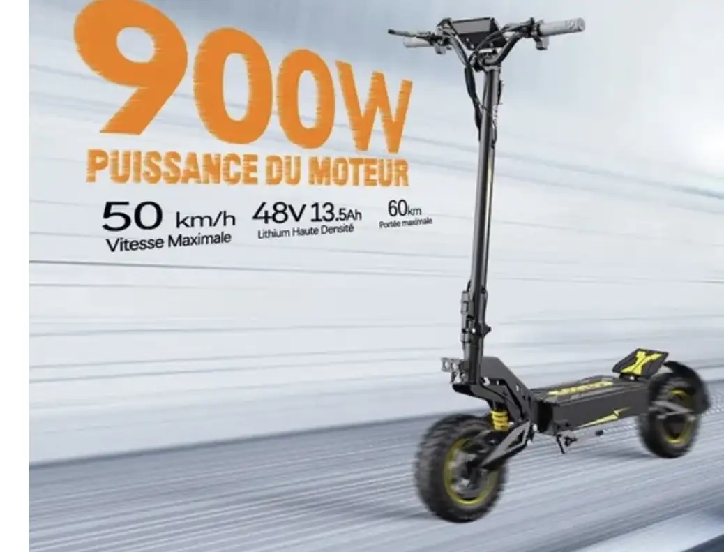 Trottinette électrique Pliable - Moteur 900 W - Batterie 48 V 13,5 Ah - Autonomie de 60 km - Amortisseurs - Noir et jaune