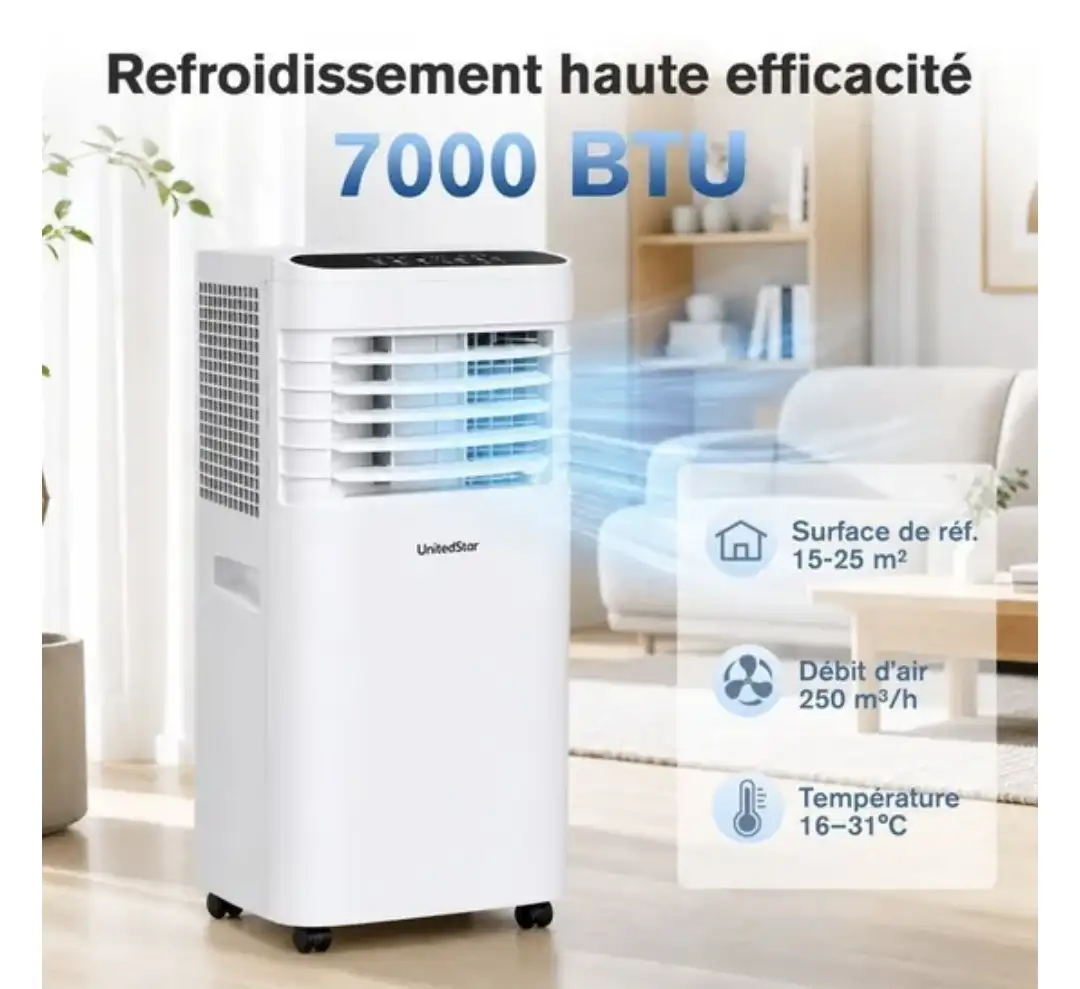 Climatiseur Mobile 7000 BTU 3 en 1, Monobloc avec Kit Fenêtre Réglable, Déshumidificateur